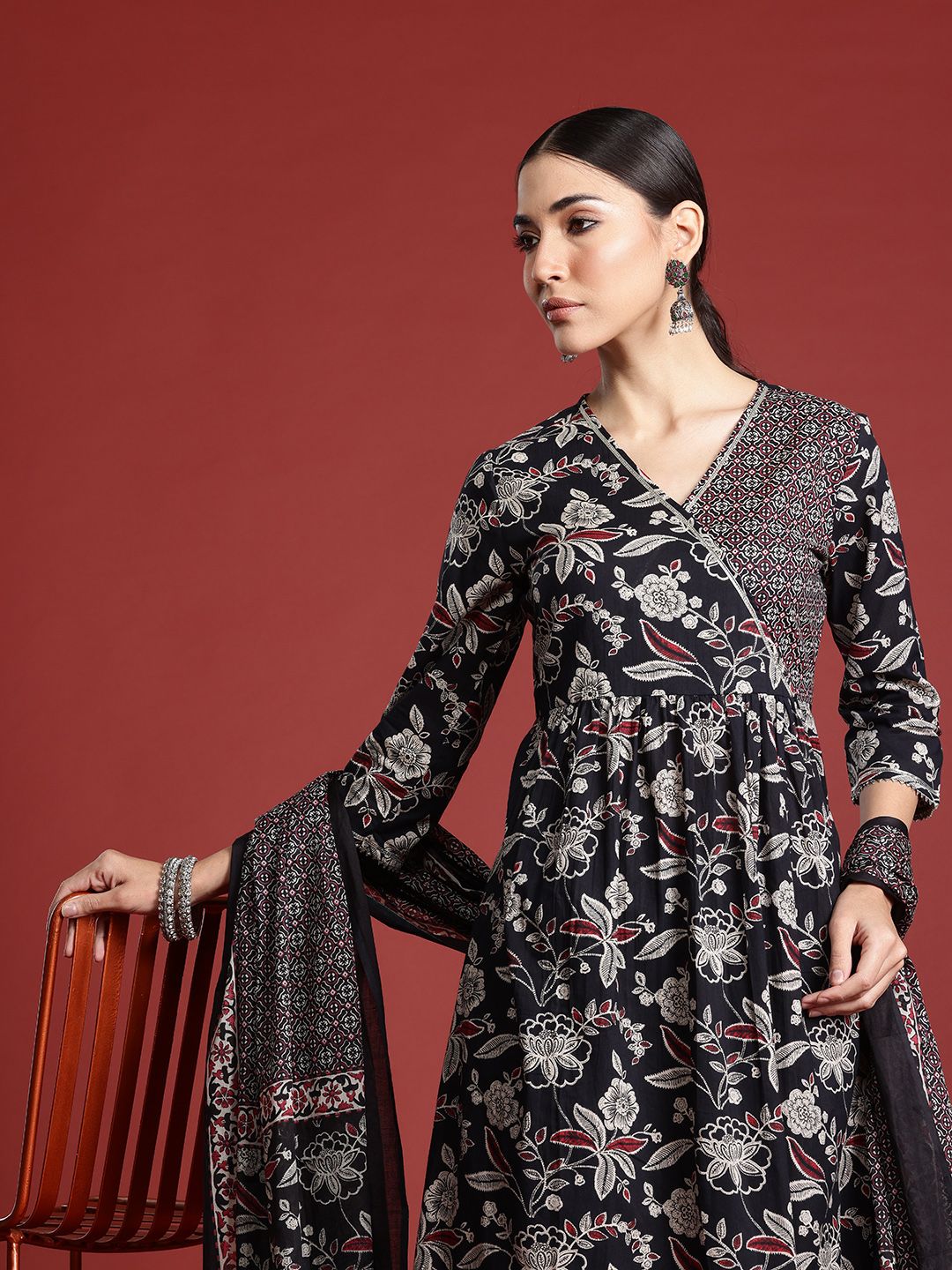 Floral Printed Angrakha Gotta Patti Pure Cotton Kurta Set & Dupatta