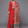 Indyancart VA Women's Rust Embroidered Empire Kurta with Trousers & With Dupatta