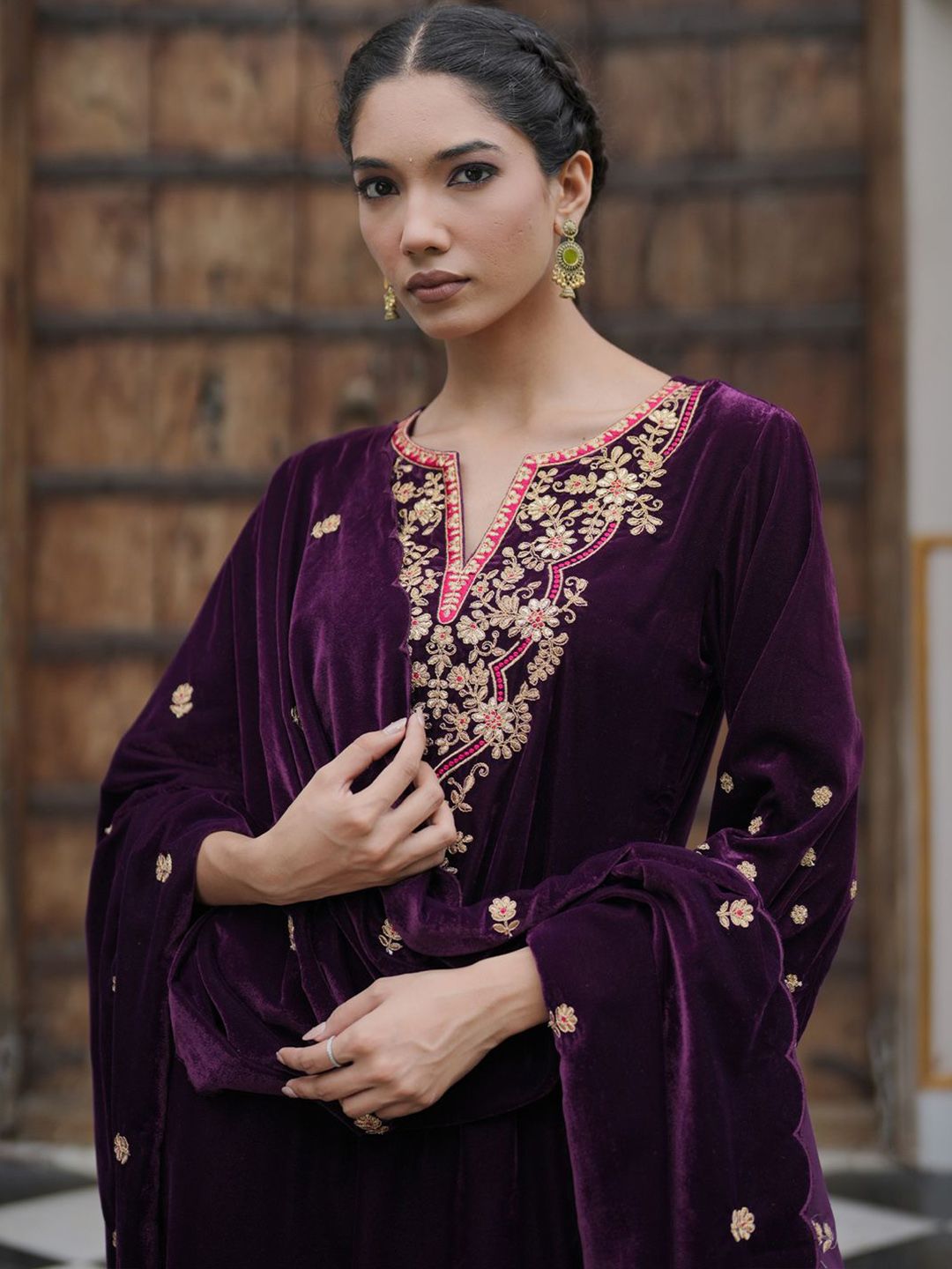 Indyancart IE Women Ethnic Motifs Embroidered Regular Velvet Kurta with Trousers & With Dupatta
