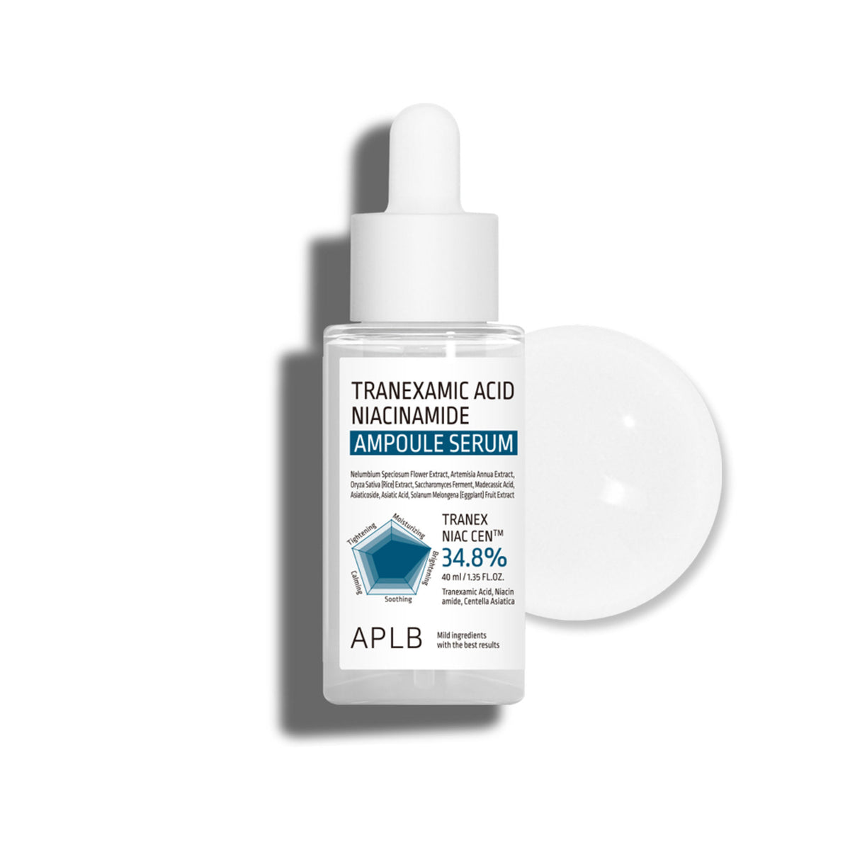 APLB Tranexamic Acid and Niacinamide Ampoule Serum in a clear glass bottle with dropper for brightening and skin tone improvement