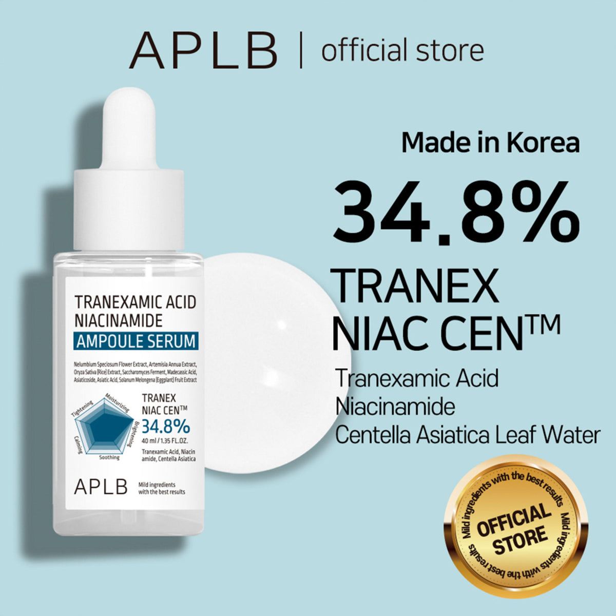 APLB Tranexamic Acid Niacinamide Ampoule Serum bottle with dropper for brightening and skin tone improvement.