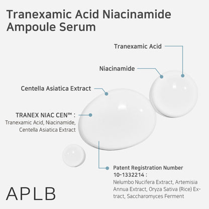 APLB Tranexamic Acid and Niacinamide Ampoule Serum in a clear glass bottle with a dropper for skincare treatment.