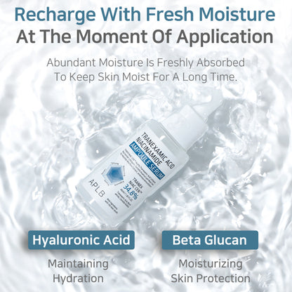 APLB Tranexamic Acid Niacinamide Ampoule Serum in a clear glass bottle with a pump dispenser for skin brightening and clarity.