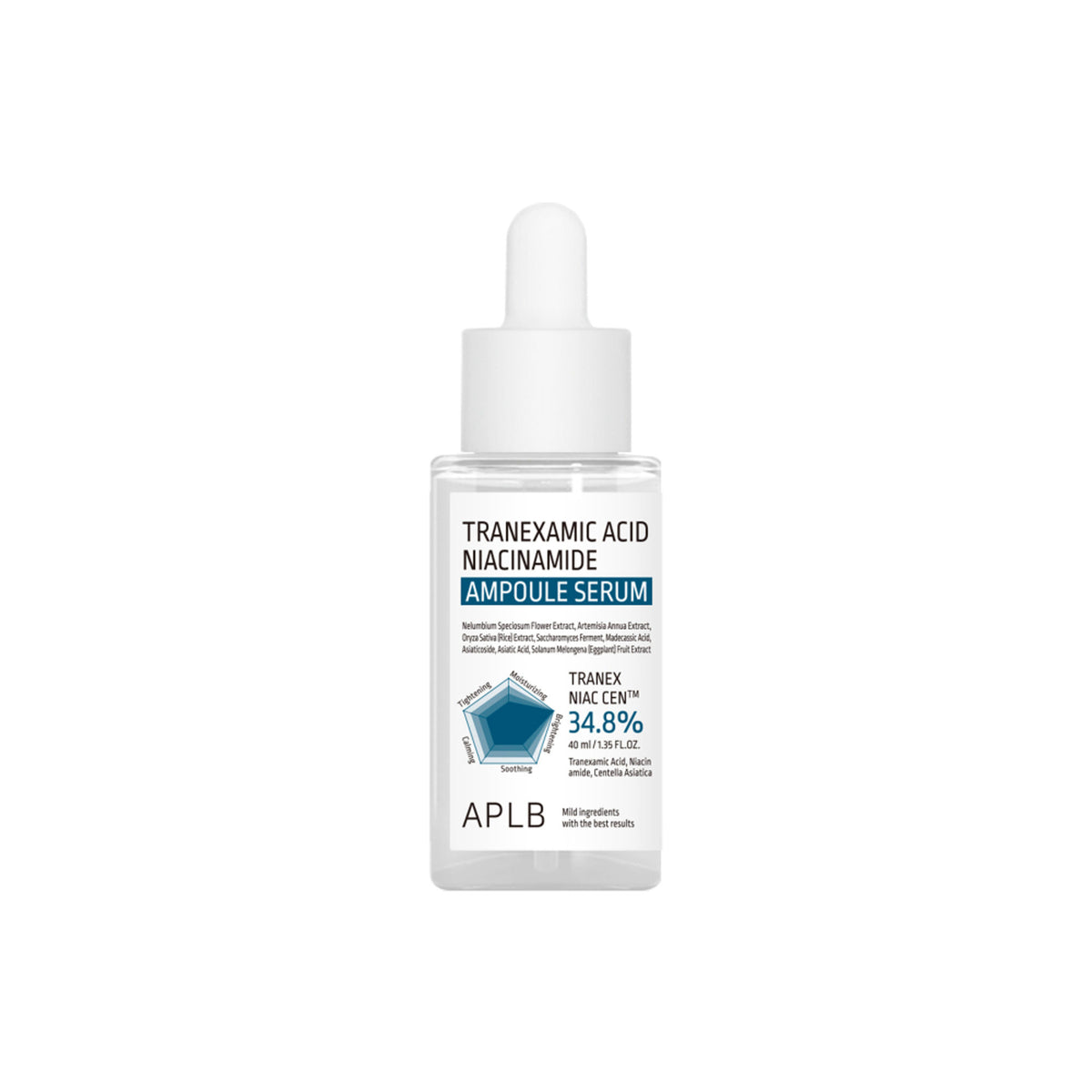 APLB Tranexamic Acid and Niacinamide Ampoule Serum in a clear dropper bottle, ready for skincare application.