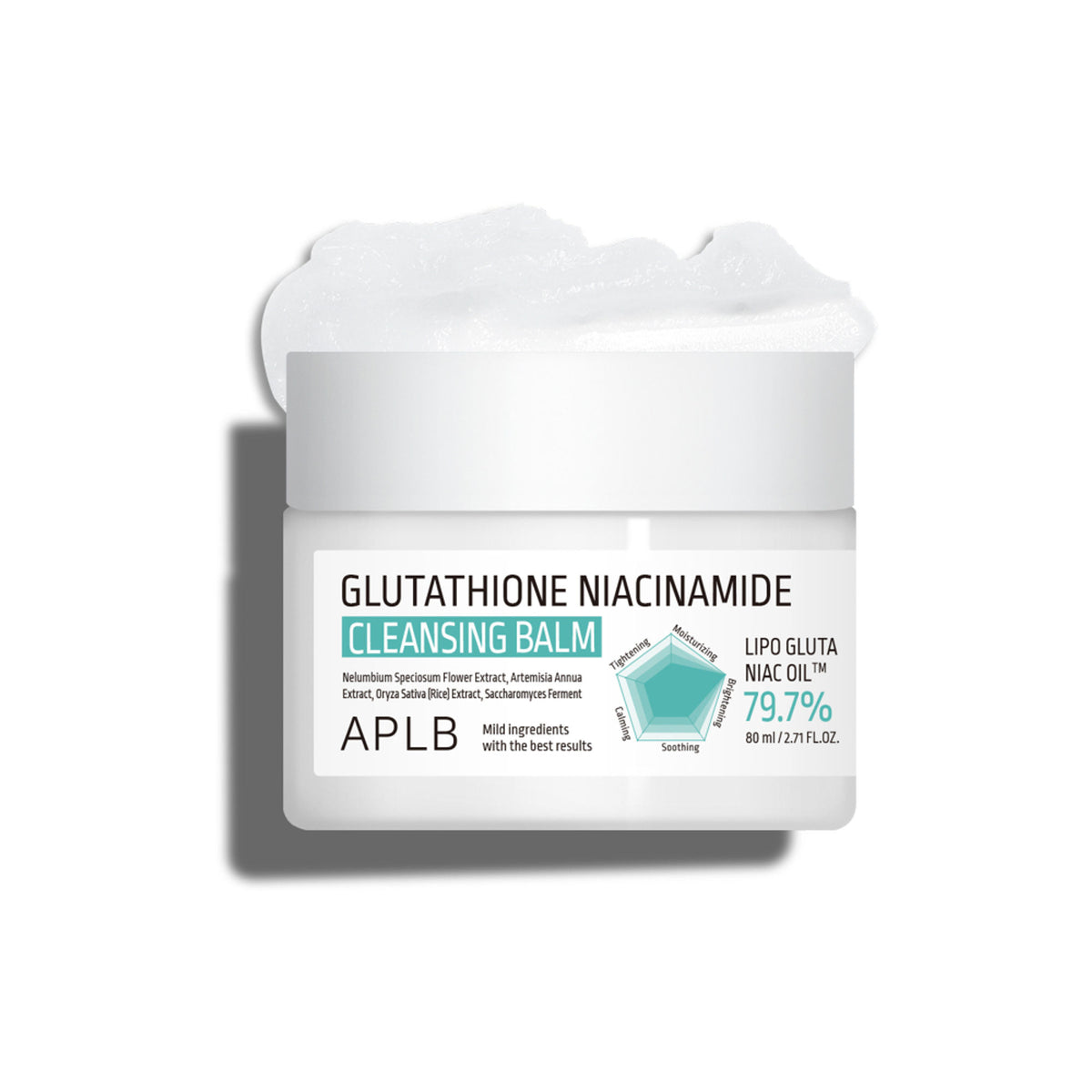APLB Glutathione Niacinamide Cleansing Balm jar with a white lid and label, showcasing the skincare product on a clean background.
