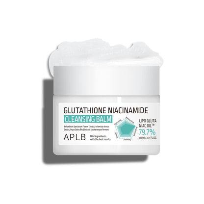 APLB Glutathione Niacinamide Cleansing Balm jar with a white lid and label, showcasing the skincare product on a clean background.