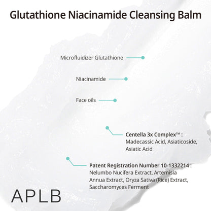 APLB Glutathione Niacinamide Cleansing Balm in a jar, featuring a smooth, creamy texture for gentle facial cleansing.