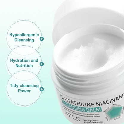 APLB Glutathione Niacinamide Cleansing Balm in a jar with a smooth, creamy texture and a white lid, suitable for gentle facial cleansing.