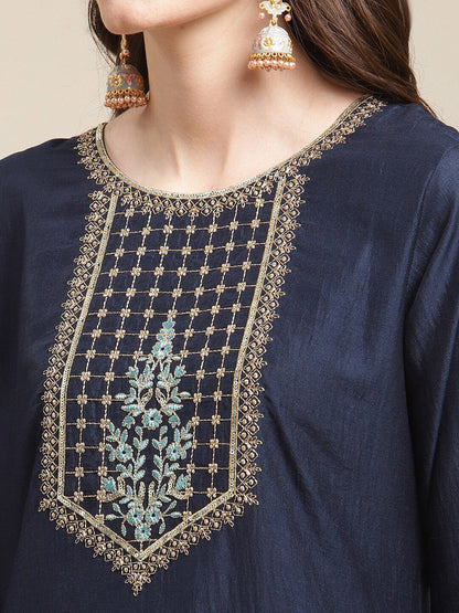 Indyancart VA Women's Navy Blue Floral Embroidered Kurti Set With Dupatta
