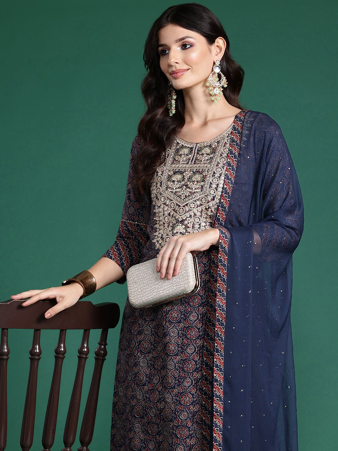 Plus Size Ethnic Motifs Printed Sequinned Pure Cotton Kurta Set