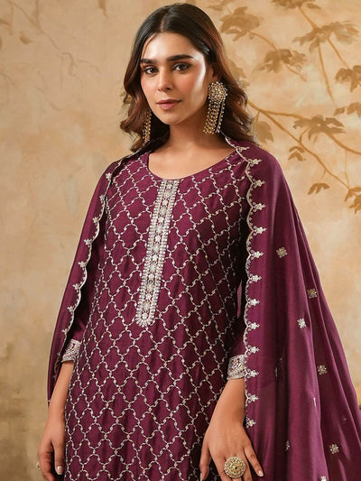 Indyancart IE Women Ethnic Motifs Embroidered Regular Sequinned Kurta with Trousers & Dupatta