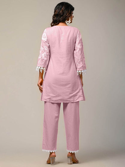 Indyancart IE Embroidered Square Neck Pure Cotton Tunic With Trouser
