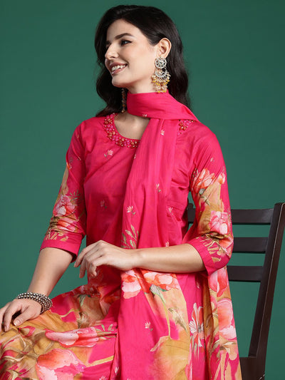 Indyancart IE Floral Printed Beads & Stones Pure Cotton Kurta With Trousers & Dupatta