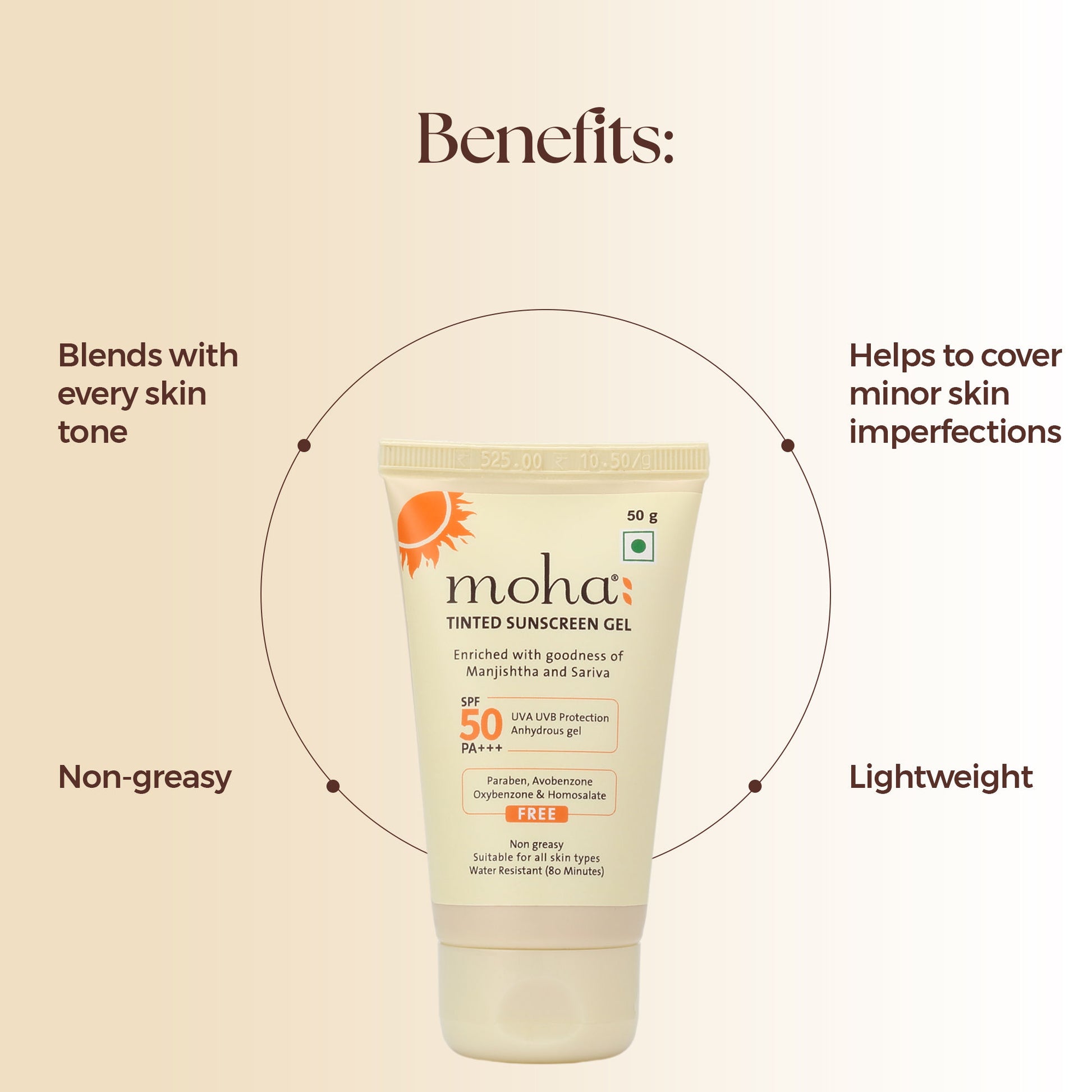 Moha Tinted Sunscreen Gel SPF 50 +++ Protect And Illuminate Skin With Manjishtha And Sariva