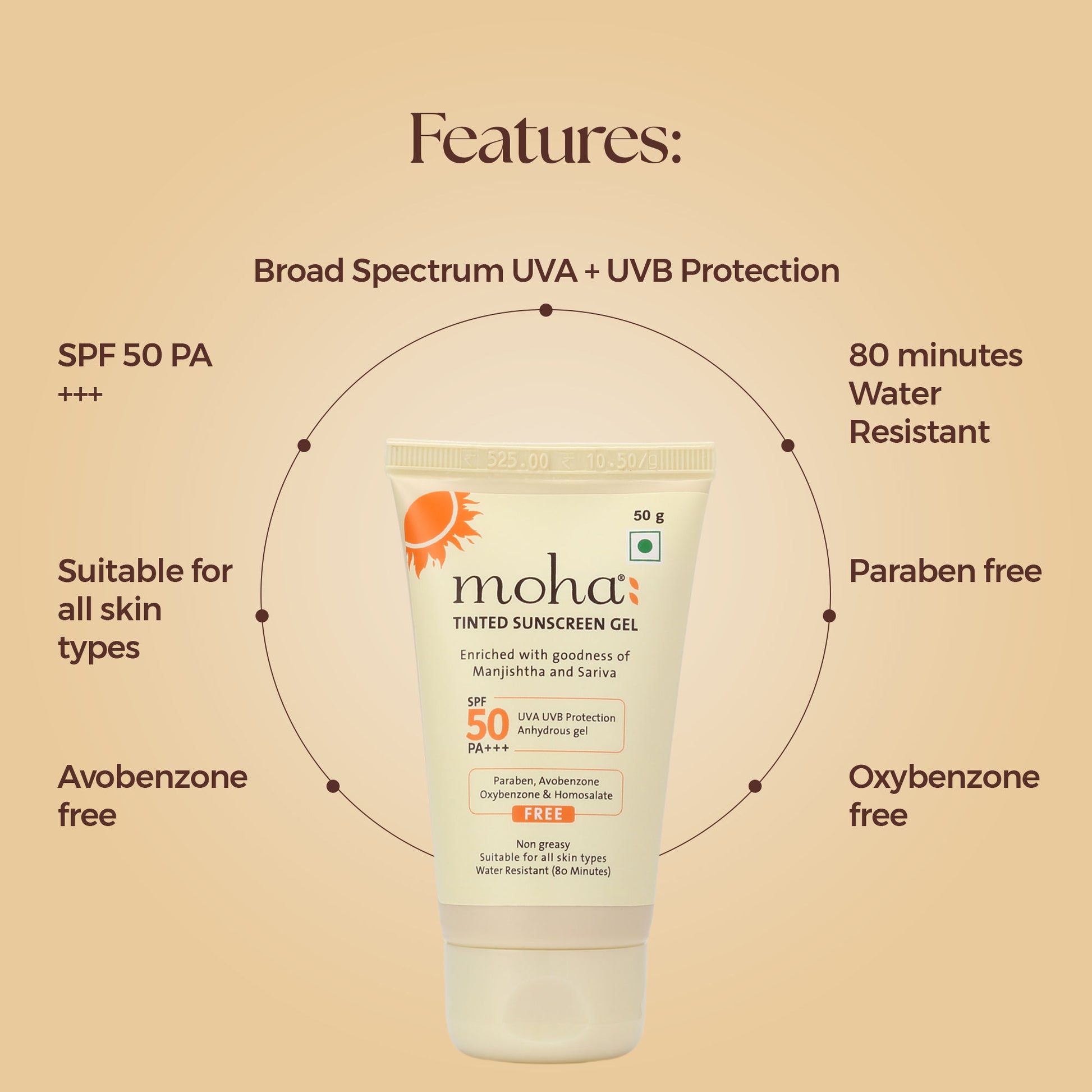 Moha Tinted Sunscreen Gel SPF 50 +++ Protect And Illuminate Skin With Manjishtha And Sariva