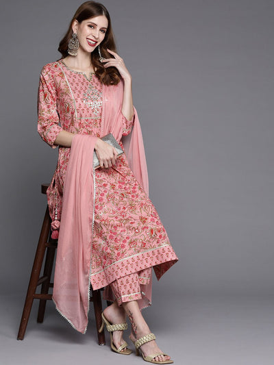 Indyancart VA Women's Pink Printed Gotta Patti Pure Cotton Kurta with Trousers & Dupatta