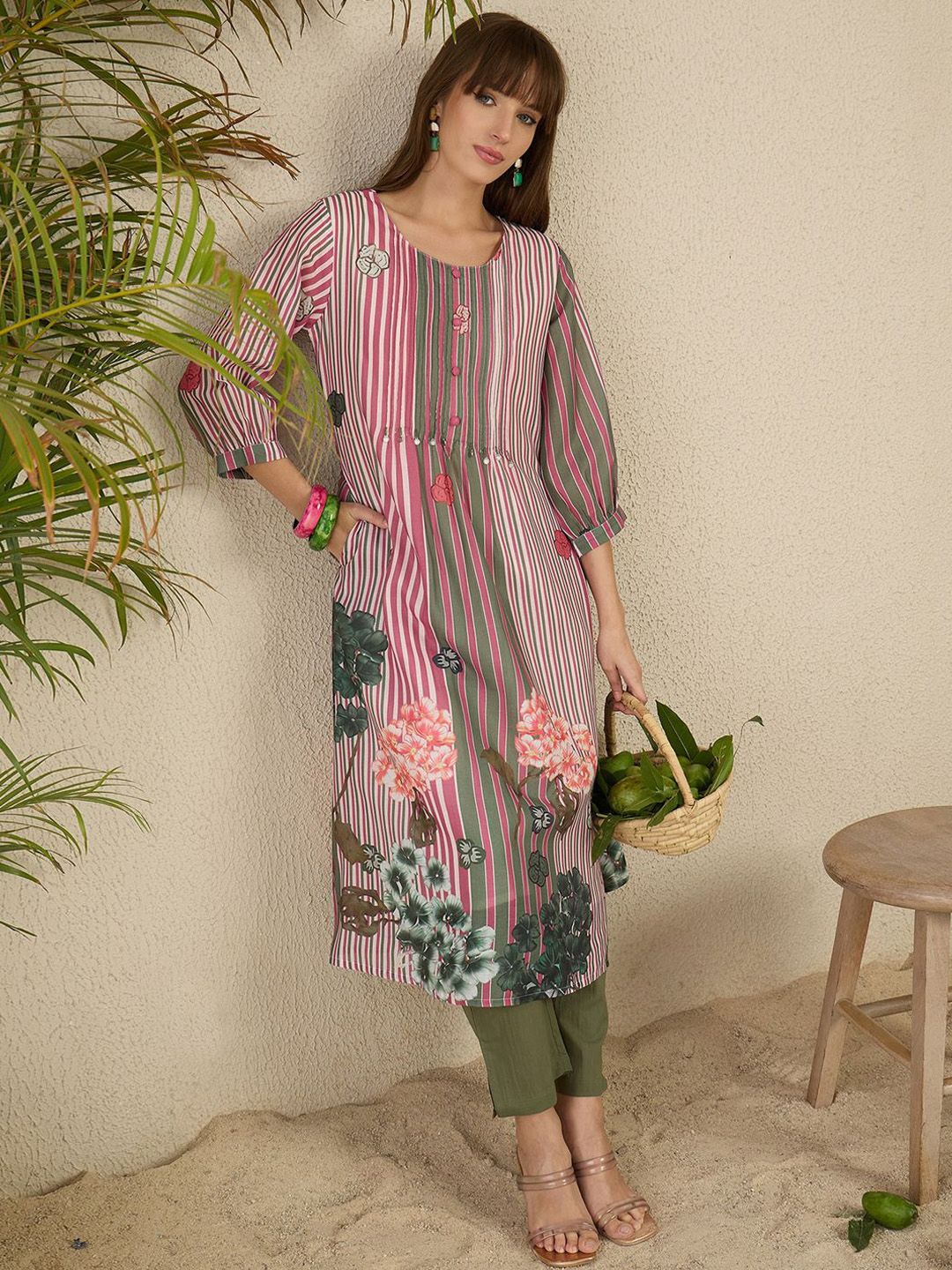 Indyancart IE Floral Printed Pure Cotton Kurta With Trousers