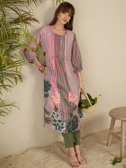 Indyancart IE Floral Printed Pure Cotton Kurta With Trousers