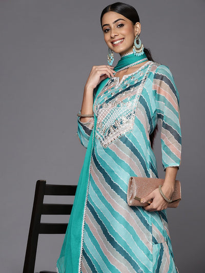 Indyancart VA Women's Teal Leheriya Printed Gotta Patti Chanderi Cotton Kurta with Sharara & With Dupatta