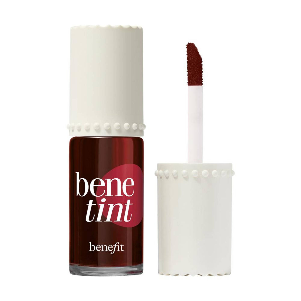Benefit Cosmetics Benetint Cherry Lip and Cheek Tint bottle with applicator brush, vibrant red liquid tint for lips and cheeks.