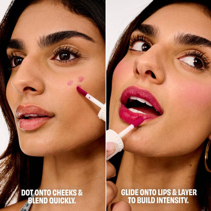 Benefit Cosmetics Benetint Raspberry lip and cheek tint in a small glass bottle with a brush applicator.