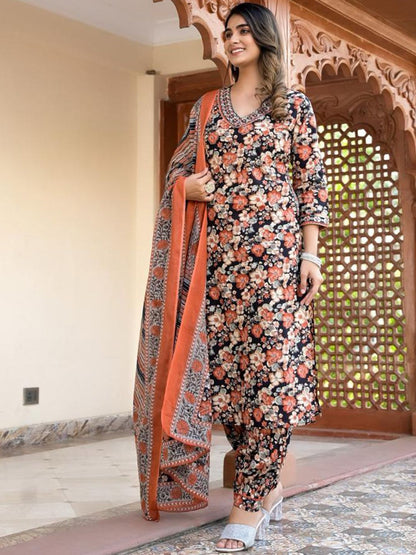 Indyancart VA Women'sFloral Embellished Kurta Paired With Afghani Trousers & Dupatta