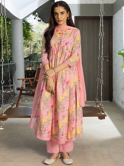 Indyancart SN Women's Floral Printed Thread Work Pure Cotton A-Line Kurta With Trouser & Dupatta