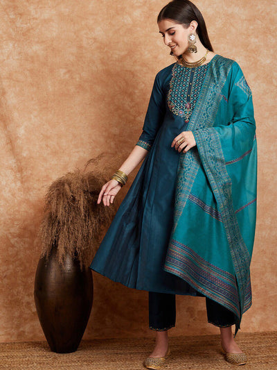 Indyancart SN Women's Teal Blue Embroidered Zari Sequence A Line Kurta & Trousers Dupatta