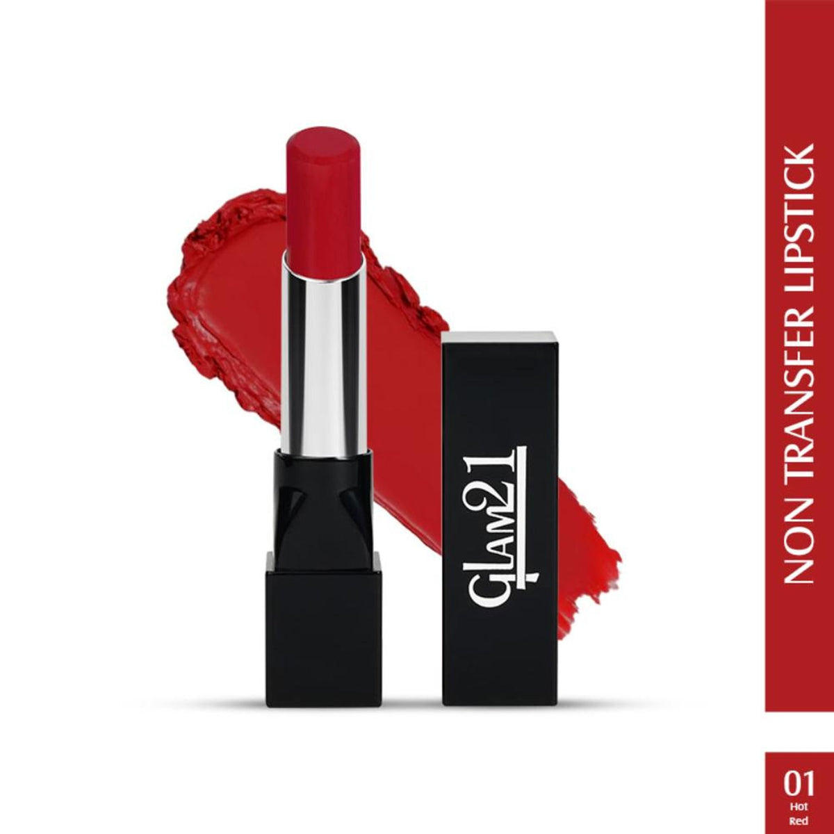 GLAM21 Ultra Velvet Lipstick in Hot Red, featuring smooth, vibrant red lipstick in a sleek tube.