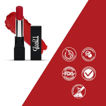 GLAM21 Ultra Velvet Lipstick in Hot Red, showing a sleek tube and the vibrant red shade of the lipstick.