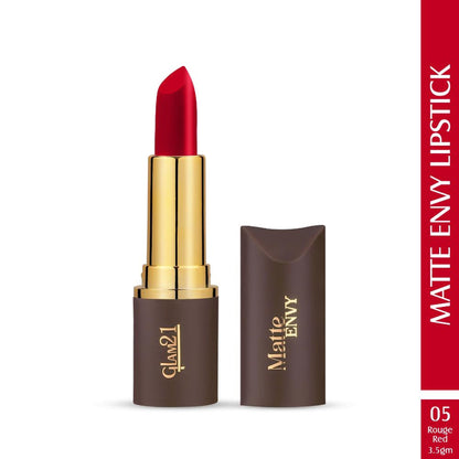 Matte Envy Lipstick in Rouge Red by GLAM21, featuring a sleek tube and vibrant red shade, perfect for bold lip looks.