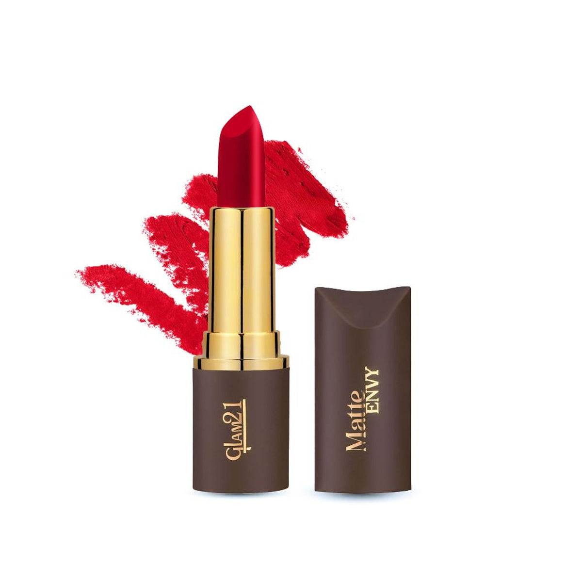 GLAM21 Matte Envy Lipstick in Rouge Red, with a sleek lipstick tube and vibrant red shade ready for a bold look.