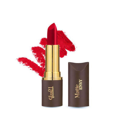 GLAM21 Matte Envy Lipstick in Rouge Red, with a sleek lipstick tube and vibrant red shade ready for a bold look.