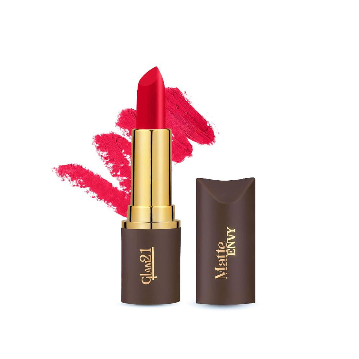 GLAM21 Matte Envy Play Pink lipstick in sleek tube, with vibrant pink shade and matte finish, displayed on a neutral background.