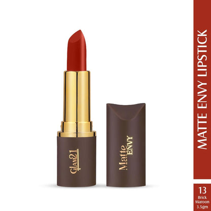 GLAM21 Matte Envy Lipstick in Brick Maroon, showing the lipstick tube and swatched color on a neutral background.