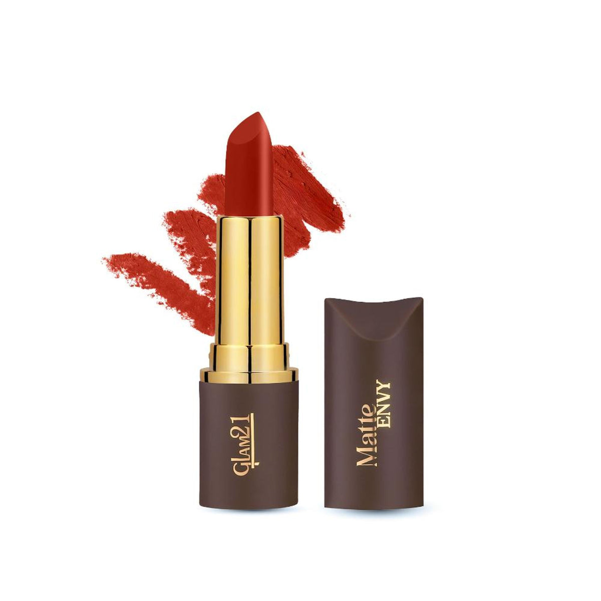 GLAM21 Matte Envy Lipstick in Brick Maroon, showing a sleek tube and the rich, matte lipstick shade.