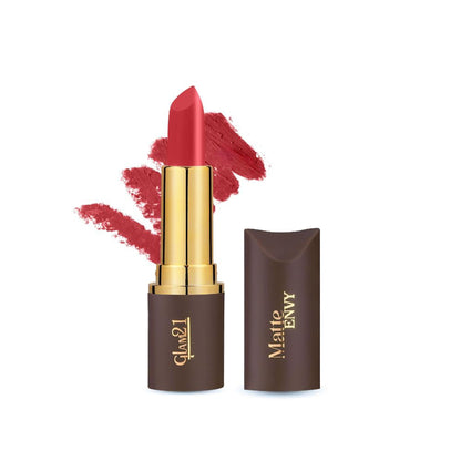 GLAM21 Matte Envy Lipstick Nudist shade in sleek tube, showcasing soft nude lipstick with matte finish.