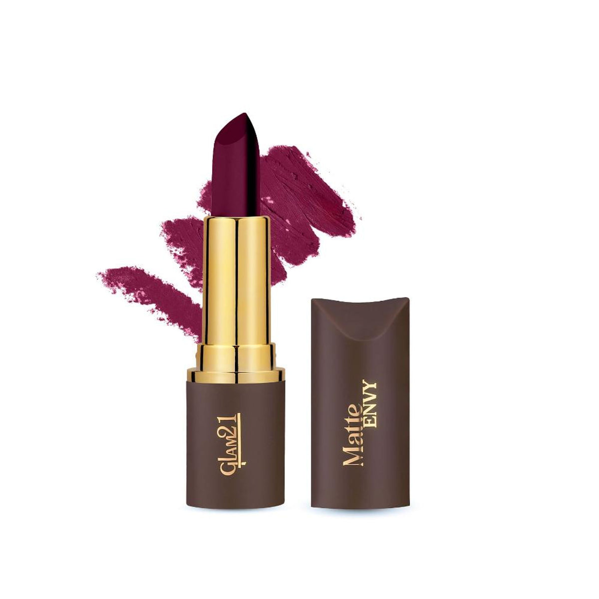 GLAM21 Matte Envy Lipstick in Wineyard shade, showcasing rich wine-colored lipstick in a sleek tube.