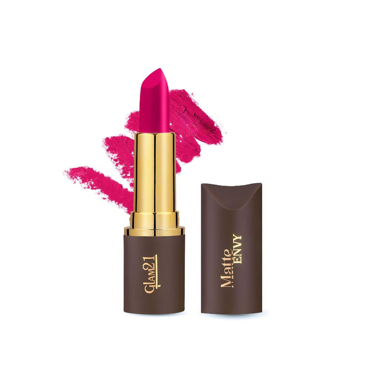 GLAM21 Matte Envy Lipstick in Mullymagenta, showcasing vibrant pink matte lipstick in sleek packaging.