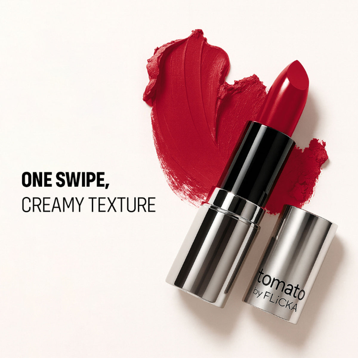 FLiCKA Flicka Tomato Bullet Lipstick Shade 23 showing rich matte finish and intense pigment on a sleek lipstick tube.