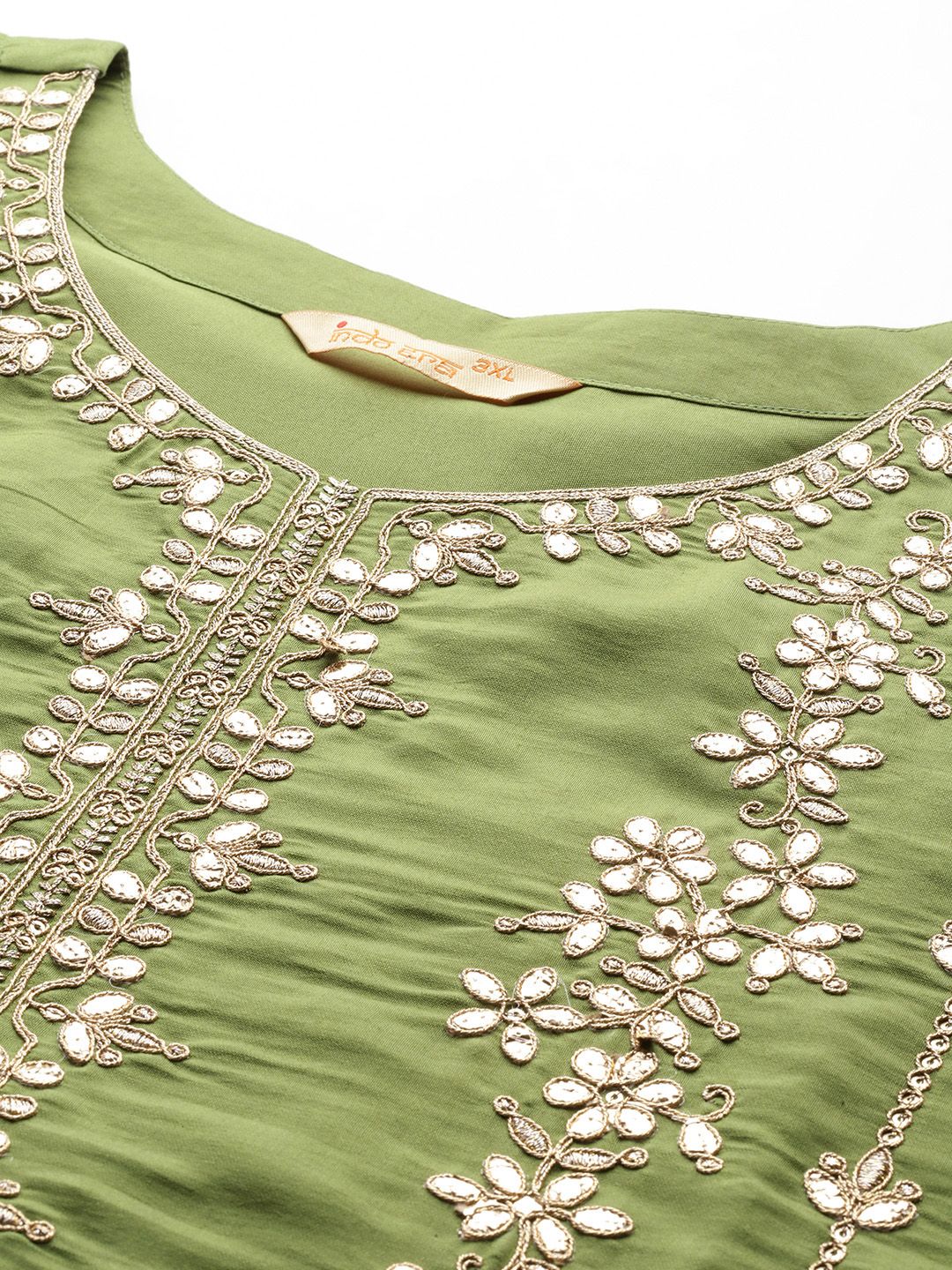 Indyancart Women's Plus Size Floral Embroidered Gotta Patti Kurta with Trousers & With Dupatta