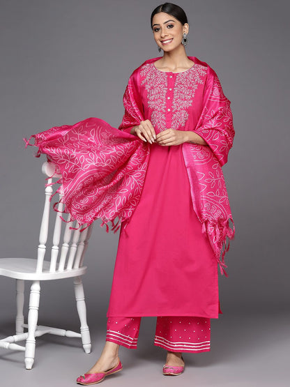 Indyancart VA Women's Fuchsia Pink Ethnic Motifs Pure Cotton Kurta with Palazzos & With Dupatta