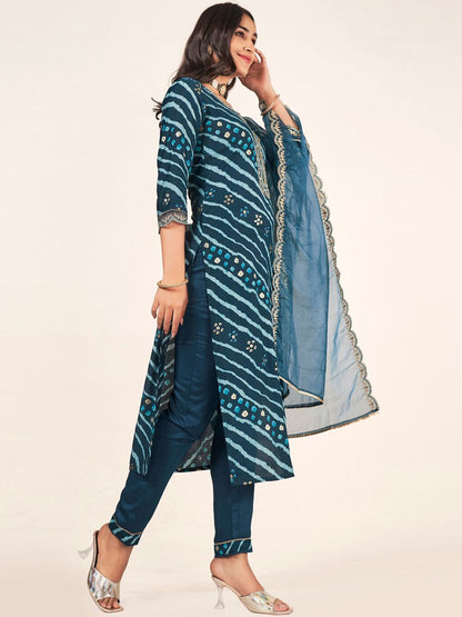 Indyancart SN Women's Leheriya Embroidered Straight Kurta With Trousers & Dupatta