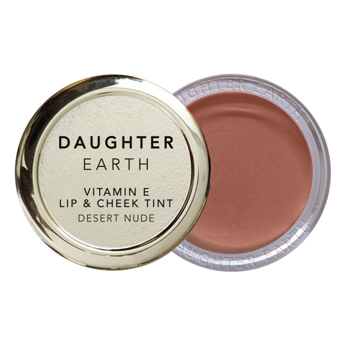 Daughter Earth vegan lip and cheek tint in Desert Nude, showing the creamy makeup product in its packaging.