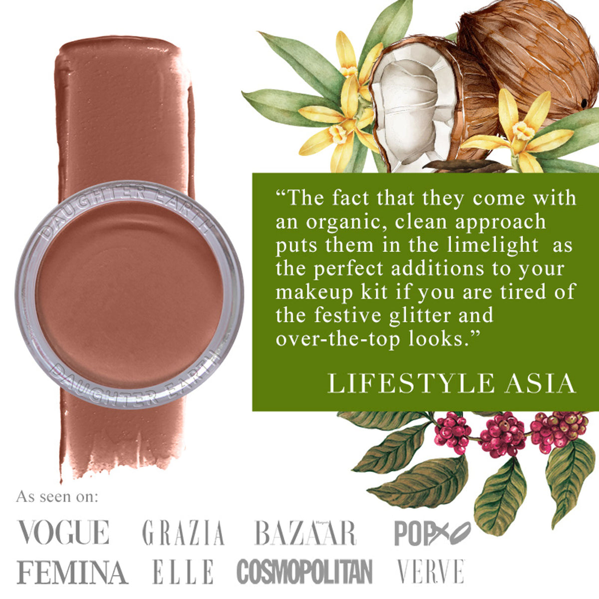 Daughter Earth 100% vegan lip and cheek tint in Desert Nude, showing the smooth, nude-colored product tube and applicator.
