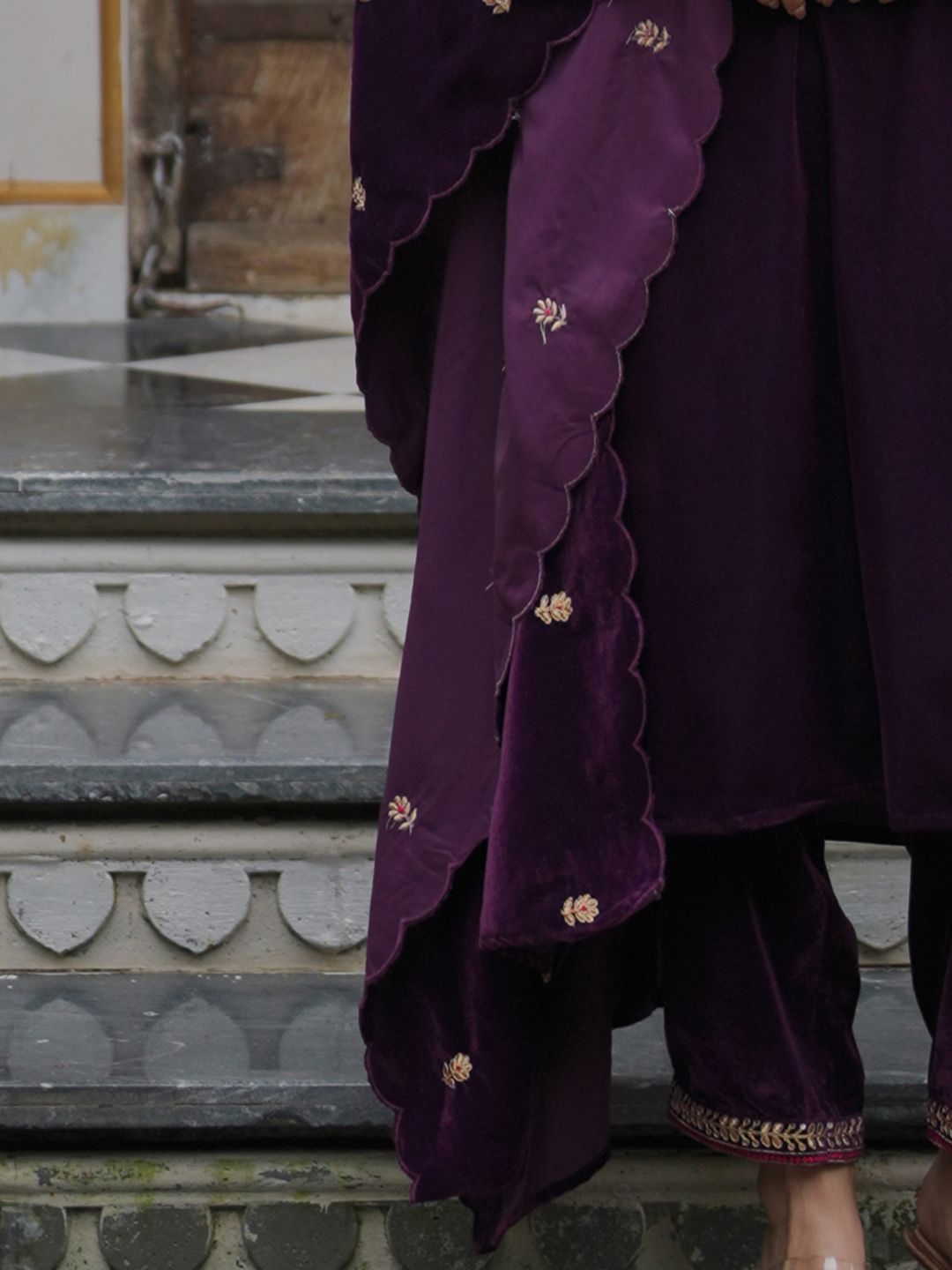 Indyancart IE Women Ethnic Motifs Embroidered Regular Velvet Kurta with Trousers & With Dupatta