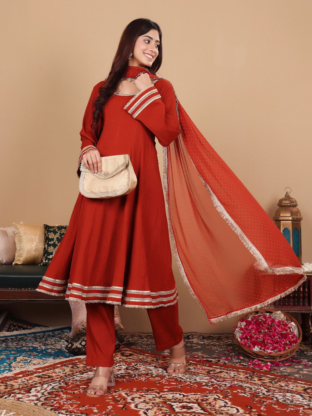 Indyancart VA Women'sSequinned Silk Crepe Anarkali Kurta with Trousers & With Dupatta