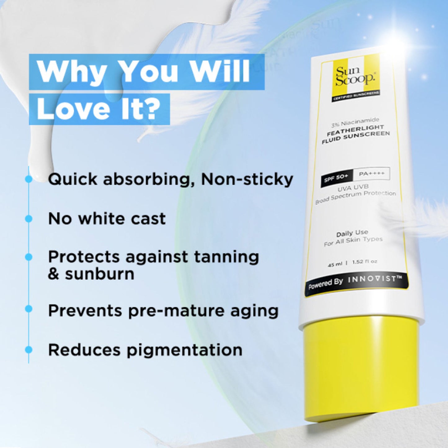 SunScoop 3% Niacinamide Fluid Sunscreen| SPF 50+ PA++++ Lightweight In-Vivo Tested Non-Greasy