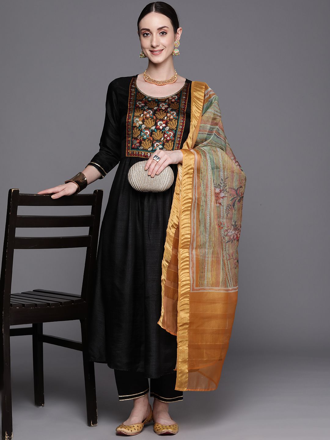 Indyancart IE Women Black Yoke Design Empire Kurta With Trousers & Dupatta