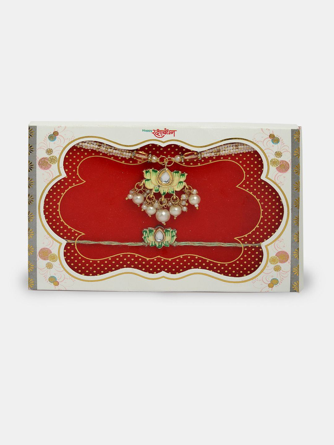 Anouk Unisex Set Of 2 Green Lotus Shape Kundan-Studded & Beaded Wraparound Rakhi Set